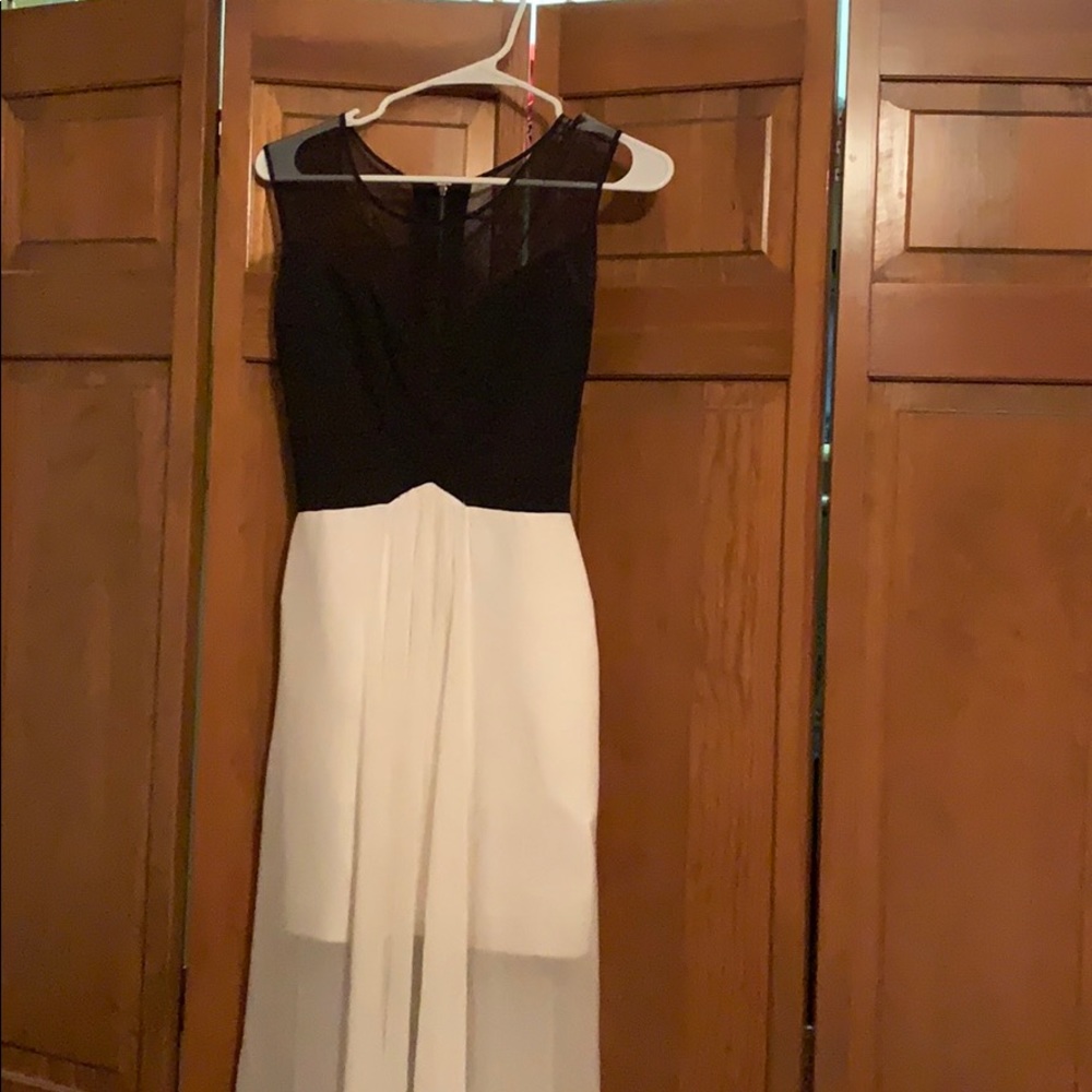 BCBG black and white gown with long overlay